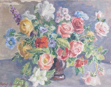 Holly Bourne, oil on board, Still life of flowers in a vase, signed, 34 x 45cm. Condition - poor